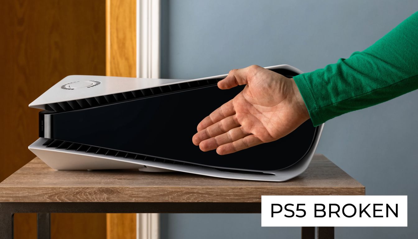 A person gesturing towards a PlayStation 5 console resting on a table, with a PS5 BROKEN sign.