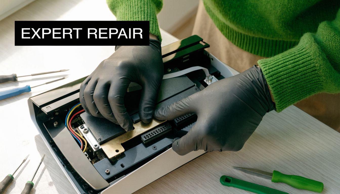 A technician wearing black gloves carefully repairing the internal components of a disassembled PlayStation 5 console.