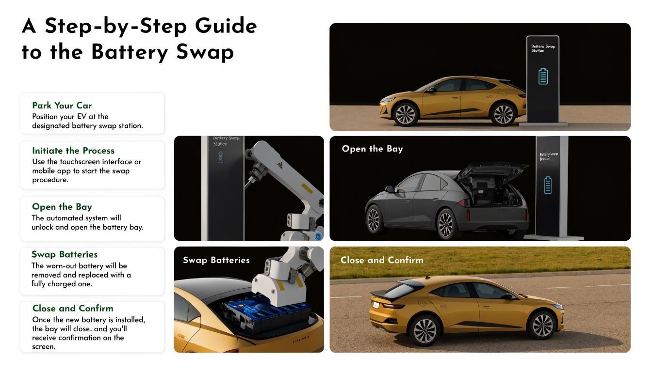 An instructional graphic showing the step-by-step process of using an automated electric vehicle battery swap station.