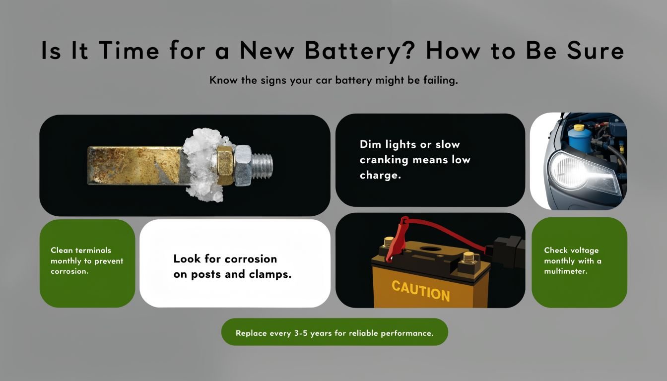 An infographic titled Is It Time for a New Battery showing signs of car battery failure.