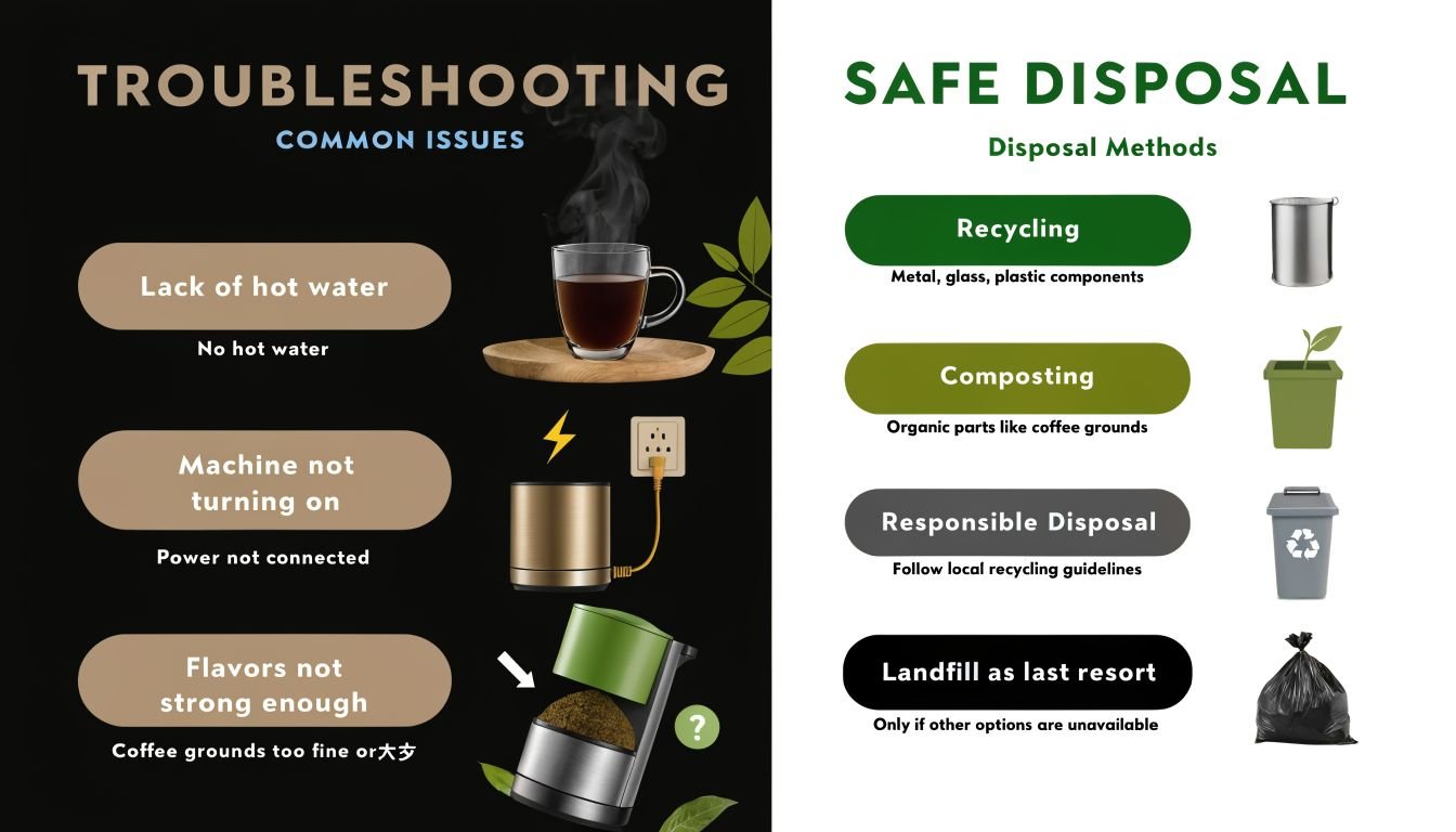 A troubleshooting and safe disposal infographic for a coffee machine, including common problems and recycling instructions.