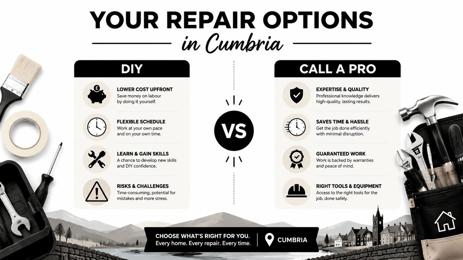 A comparison infographic showing the pros and cons of DIY home repairs versus hiring a professional.