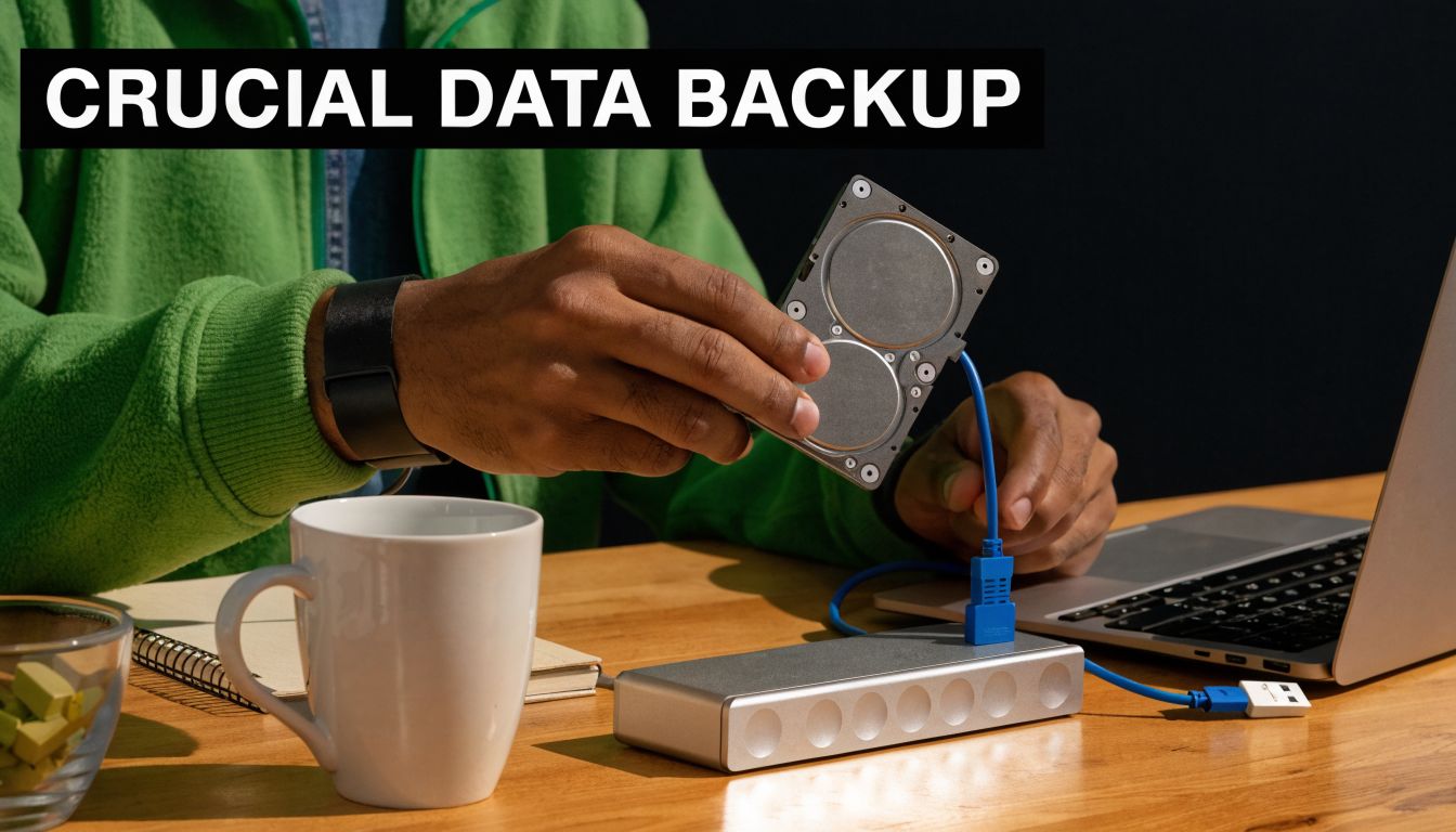 A person connecting an exposed hard drive to an external docking station next to a laptop.