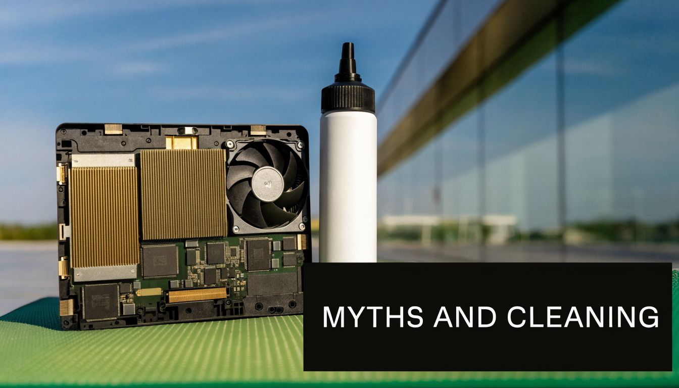 An internal circuit board component from a computer next to a cleaning bottle on a green surface.