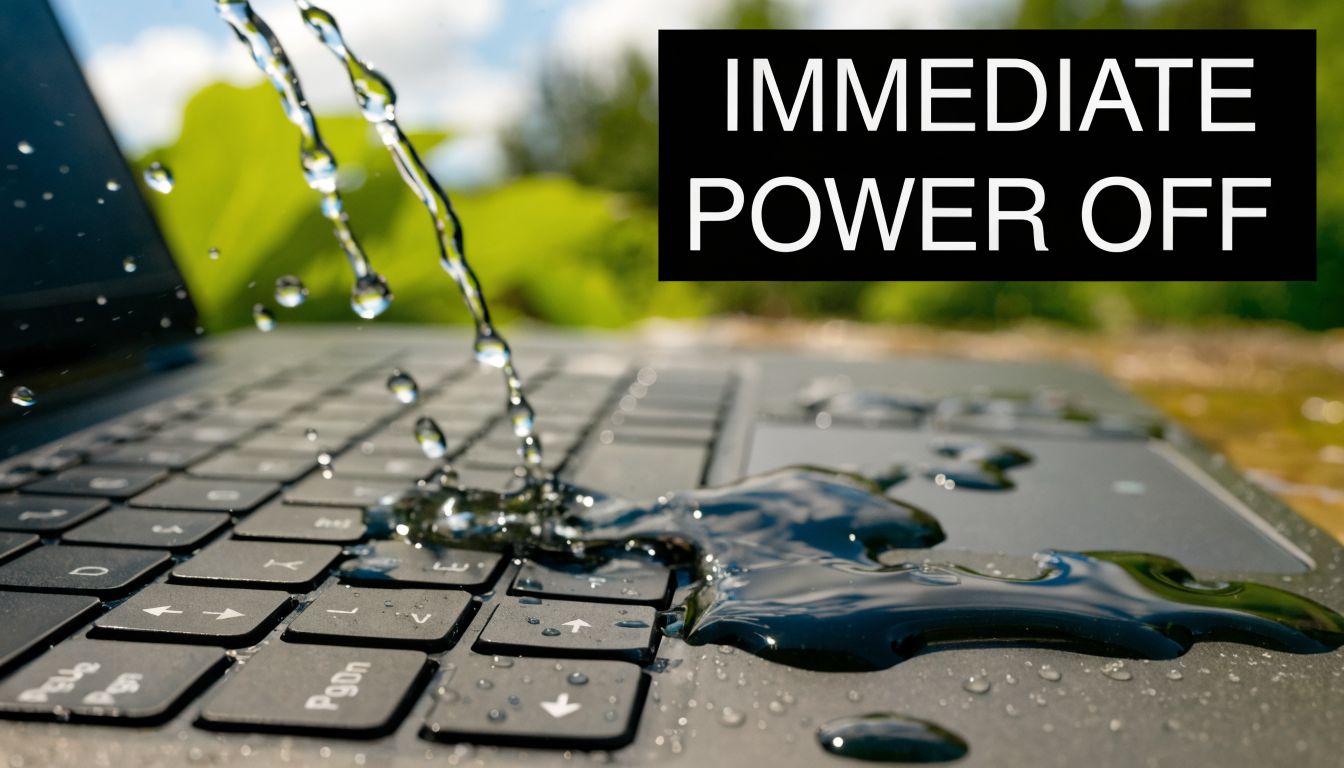 A close-up view of water spilling onto an open laptop keyboard with the text IMMEDIATE POWER OFF.